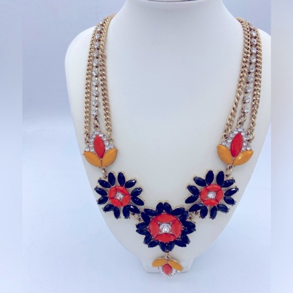 J Crew Gold Tone Multi Strand Necklace With Orange, Black And Yellow Rhinestones - Picture 10 of 10